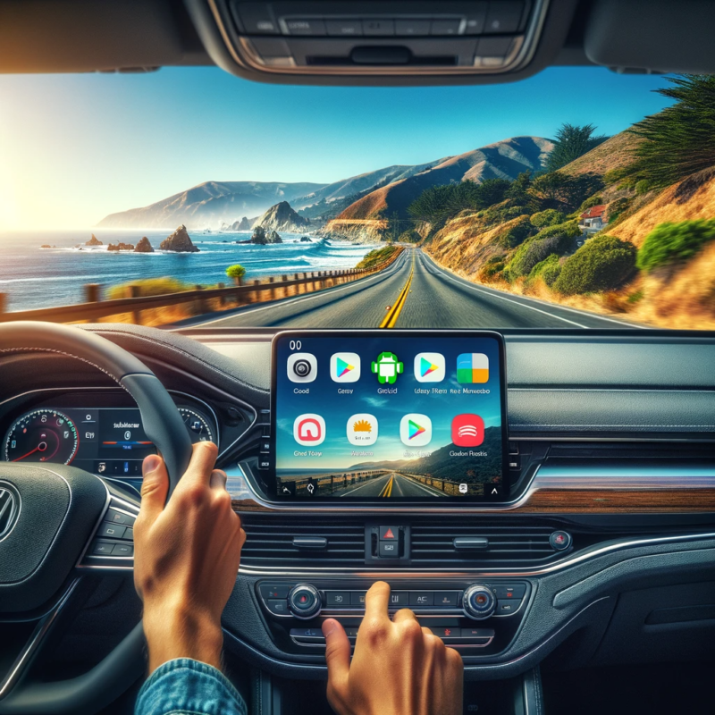 A car driving down the scenic Pacific Coast Highway in California, with the dashboard prominently displaying the Android Auto interface.