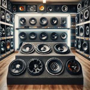 An array of various car subwoofers displayed in a car audio shop, showcasing a variety of sizes and brands, perfect for illustrating the diverse options available for car audio enthusiasts.