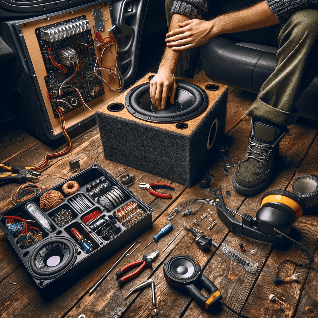 A person is seen customizing a car audio system with a subwoofer in a garage setting. Tools and audio components are spread around, depicting the process of enhancing a car's audio system with a new subwoofer installation.