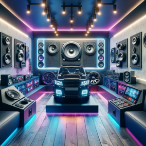 A sleek, modern car audio shop interior with various car stereo systems on display, vibrant lighting, and a welcoming atmosphere, showcasing a range o