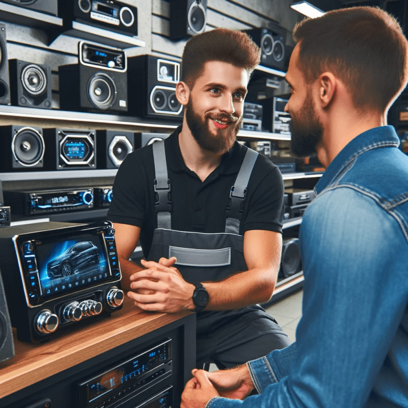 A customer and a technician discussing car audio options in a showroom, surrounded by high-end car stereos and audio equipment. 