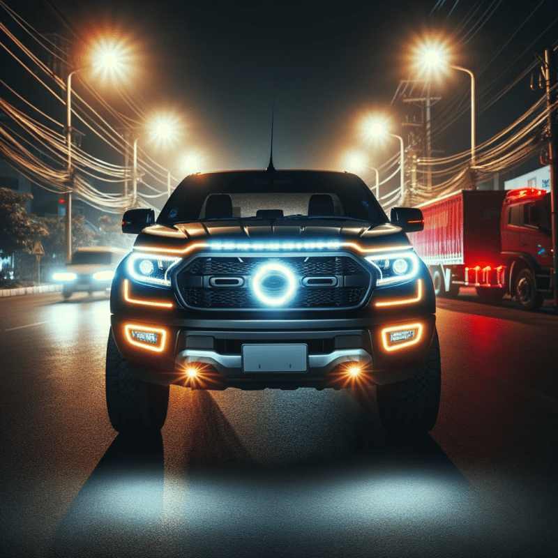 A vehicle equipped with bright halo lights, showcasing the distinctive circular light pattern, beautifully illuminated in a night setting.