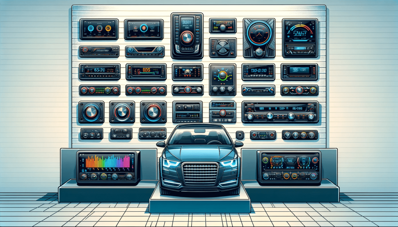 Illustration of a variety of headunits on display in a car audio store. The image should show headunits with different sizes and features, including t