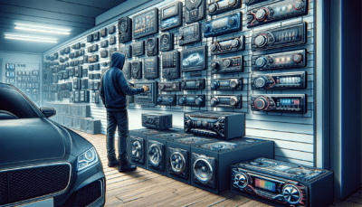 Artistic rendering of a car enthusiast browsing a range of headunits at an audio store. The customer should appear engaged and interested, examining v