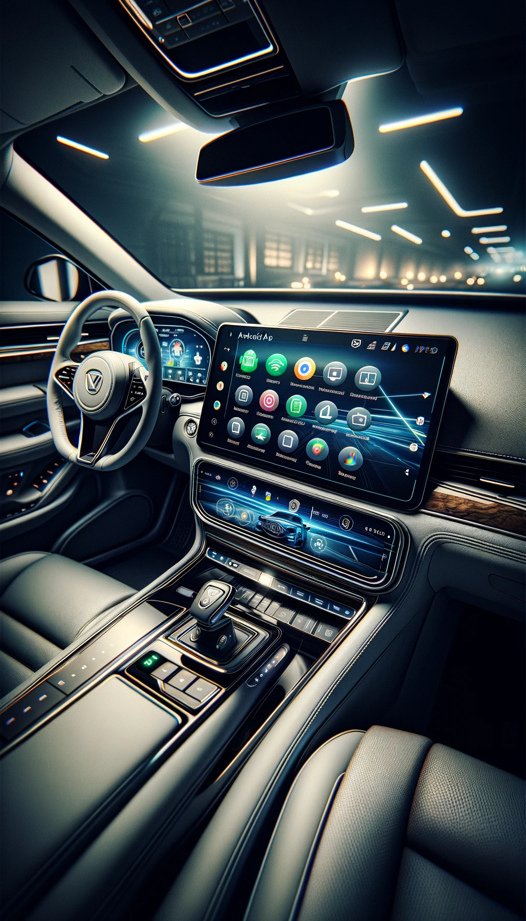 A luxurious car interior showcasing the Android Auto interface on a large, central touchscreen display.