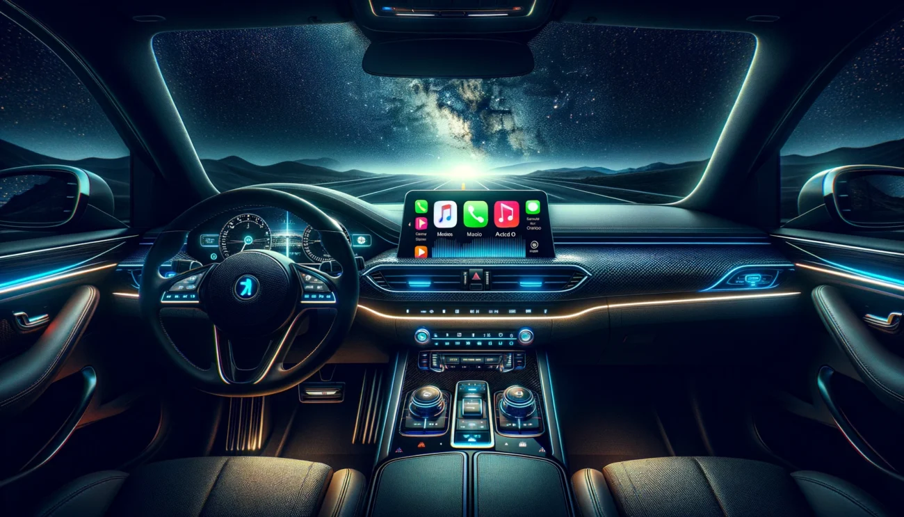 A panoramic view of a car dashboard at night, illuminated by the glowing interfaces of both Apple CarPlay and Android Auto.