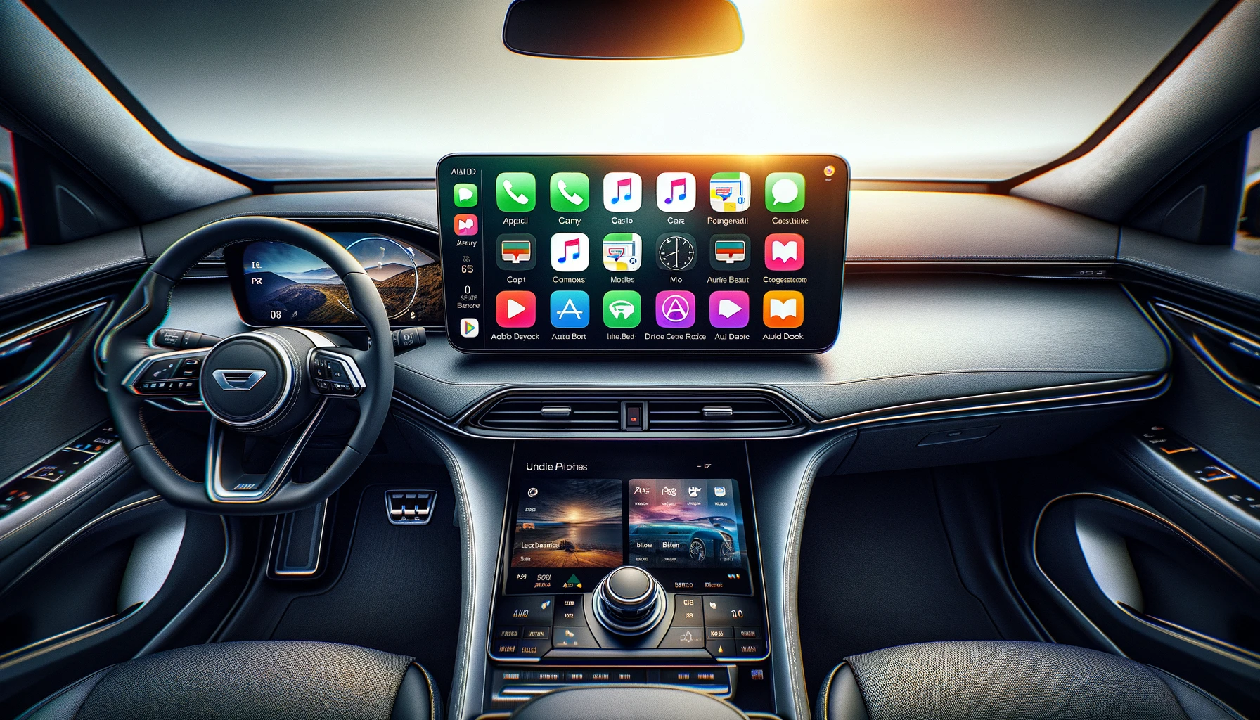 A wide-angle view of a car interior during the day, showcasing a large dashboard screen divided between Apple CarPlay and Android Auto interfaces.