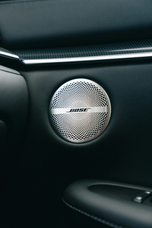Speaker grill on a car door panel