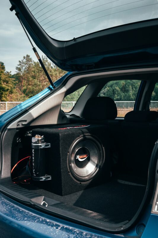 Subwoofer box installed in a car trunk