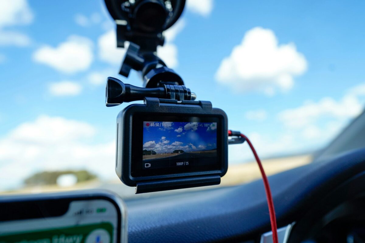 Dash camera mounted on a windshield