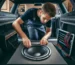 A professional technician installing a subwoofer in the trunk of a car, focusing on the precision and care involved in the process.